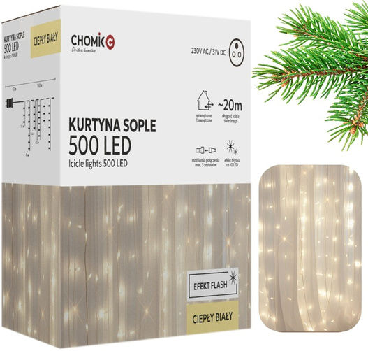 Kurtyna zewnętrzna/wewnętrzna 500 LED sople ciepły biały, zimny flash 20 m+ 3m