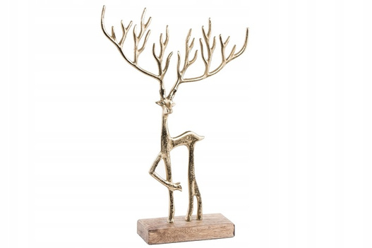 Renifer metalowy złoty chudy na drewnianej podstawce 38 cm