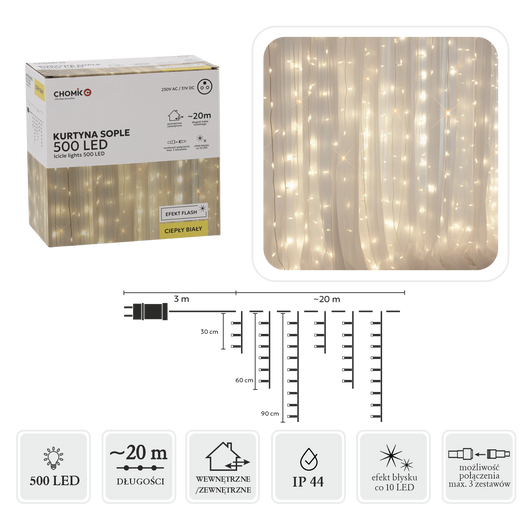 Kurtyna zewnętrzna/wewnętrzna 500 LED sople ciepły biały, zimny flash 20 m+ 3m