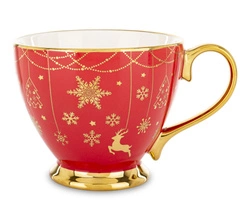 Filiżanka ceramiczna czerwona 380ml złote renifery, na stopce