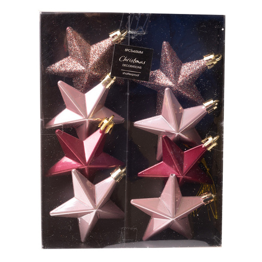Bombki gwiazdki różowe brokat/połysk 6,5 cm 8 sztuk