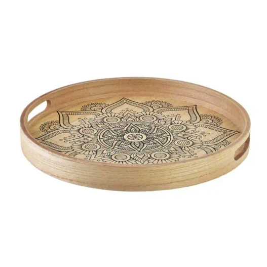 Taca drewniana okrągła wzór MANDALA fi 34,5 cm