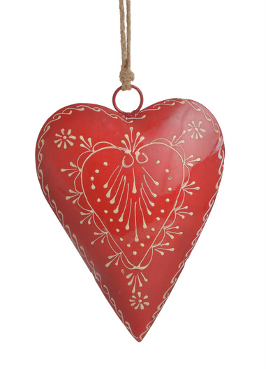 Zawieszka Serce metalowe czerwone kremowy wzór sznur jutowy 15,5 cm