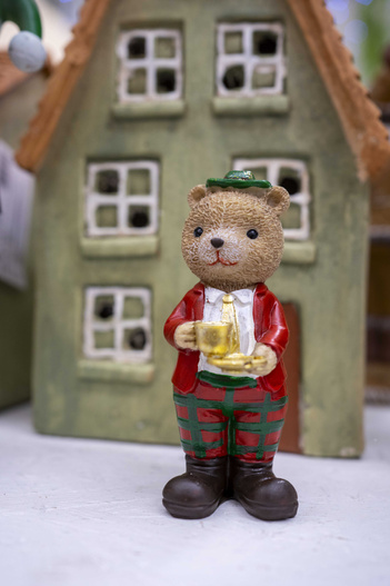 Figurka Miś złoty w czerwonym garniturze złota szklanka w ręku 12,5cm