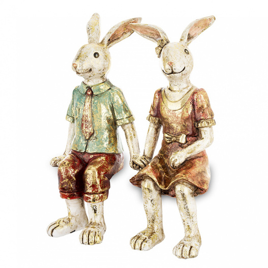 Figurka Króliki PARA siedząca czerwono-zielone przycierane złotem 24x17cm
