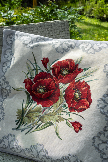 Poszewka na poduszkę 40x40cm maki szara lamówka Chenille