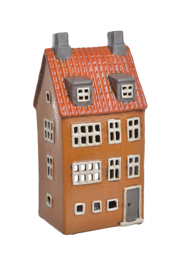 Domek Holenderski T-light jasnobrązowy, ceglasty dach, 2 szare kominy 