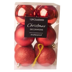 Bombki czerwone mat/ połysk/ brokat 12sztuk 6cm