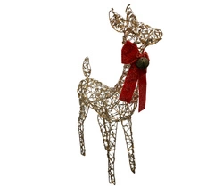 Renifer złoty LED z drutu czerwona kokarda na baterie 63,5 cm