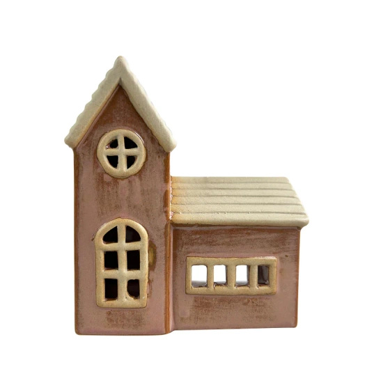 Domek na T-light ceramiczny brązowy, beżowy dach lampion świecznik 9,5x11cm
