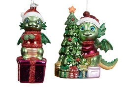 Bombka szklana 1sztuka Smok zielony na prezencie/przy choince 2wzory 12cm