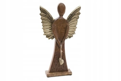 Anioł drewniany brązowy płaski złote metalowe skrzydła 42cm