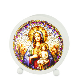 Lampion witraż LED biały z Maryja z Dzieckiem 11x11x3,5 cm