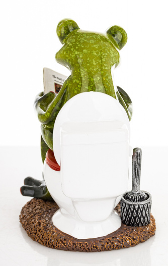 Figurka Żaba siedząca na kibelku z gazetą, brązowy dywanik 10,5cm