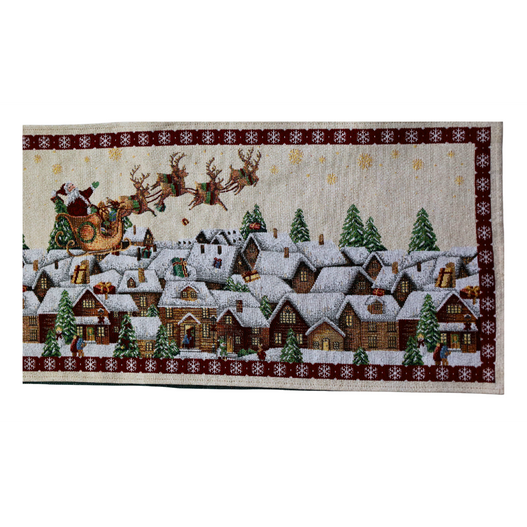 Bieżnik świąteczny 33x183cm Mikołaj w saniach, bordowa obramówka