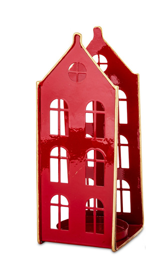 Świecznik metalowy domek czerwony 2-piętrowy na t-light złote ranty 23 cm