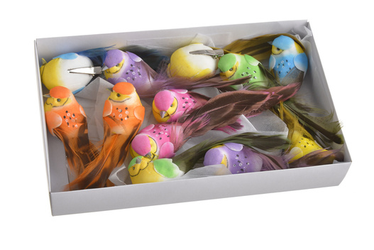 Ptaszki dekoracyjne na klipsie 12,5cm 12 sztuk mix kolorów