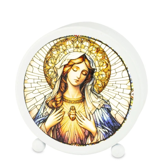 Lampion witraż LED biały z Matką Boską 11x11x3,5 cm