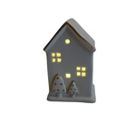 Domek LED biały, złote choinki 12 cm