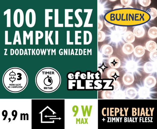 Lampki zew/wew 100 LED 9,9m Flesz zimny/ biały ciepły
