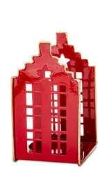 Świecznik metalowy domek czerwony 2 piętra na t-light dach złote schodki 17,5x10 cm