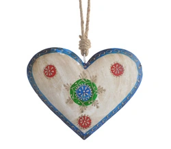 Zawieszka serce metalowe biało-niebieskie sznur jutowy z wzorami 20 cm