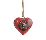 Zawieszka serce metalowe czerwono-czarne z białymi wzorami na jutowym sznurku 10,5 cm