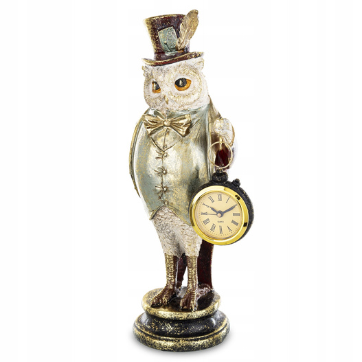 Figurka Antyk SOWA ze złotym zegarem, kapelusz z piórkiem 28 cm