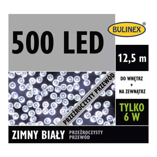 Lampki zew/wew 500 Led 12,5m biały zimny przeźroczysty przewód
