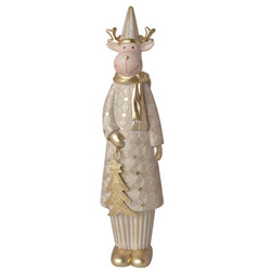 Renifer w długim płaszczu z choinką złoty 23cm