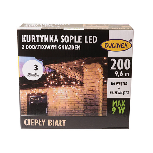 Kurtyna 200LED 9,6m biały ciepły gniazdo zewnątrz