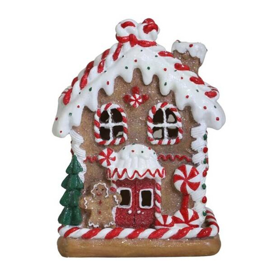 Domek LED z piernika brązowy śnieżony, ciastek, lizak 17cm