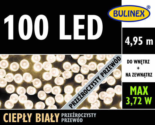 Lampki zewnętrzne/wewnętrzne 100 LED ciepły biały 4,95 m + 3 m przezroczysty przewód z zasilaczem
