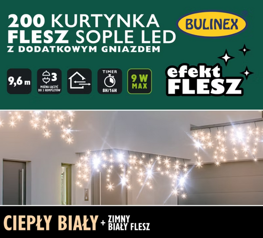 Kurtyna flesz 200LED 9,6m biały zimny i ciepły