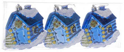 Bombki domki niebieskie 3 sztuki 10 cm