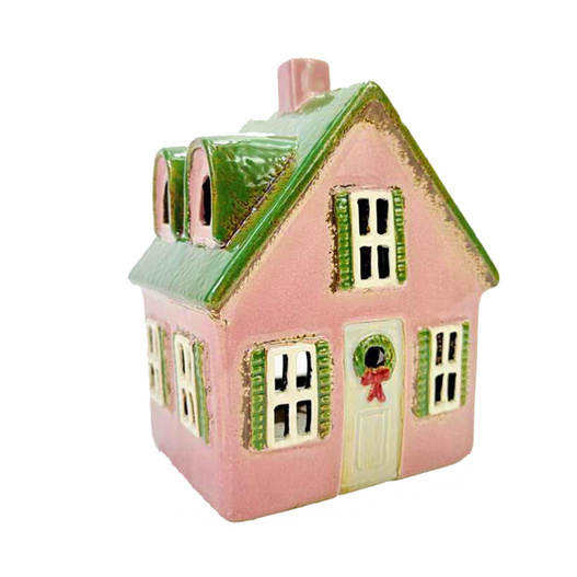 Domek Holenderski na T-light ceramika różowy z zielonym dachem