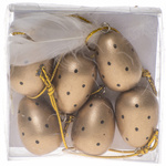 Zawieszki 6 jajek drewnianych złote białe piórka